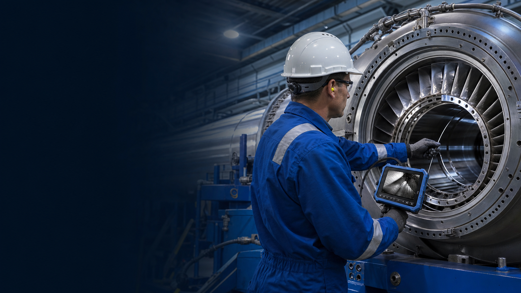 NDT specialist inspecting an industrial turbine with a borescope
