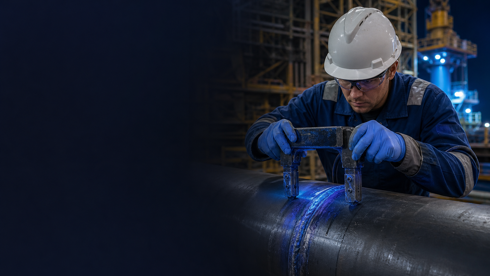 Inspector carrying out magnetic particle testing on a steel weld