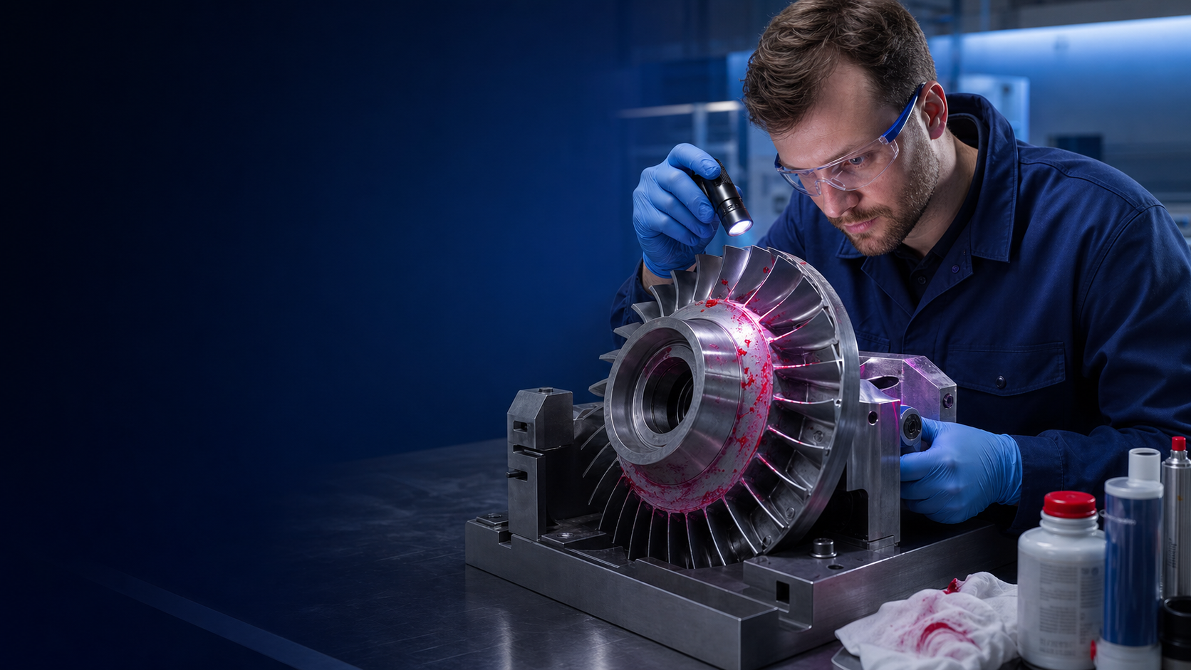 Specialist inspecting a turbine component using liquid penetrant testing
