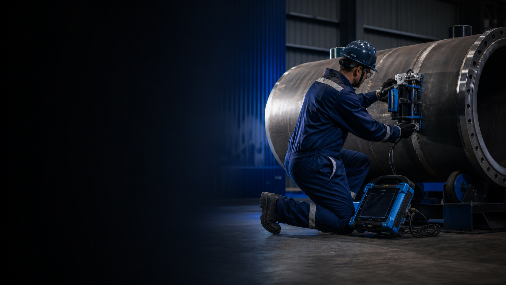 Technician inspecting a pressure vessel with digital radiography equipment