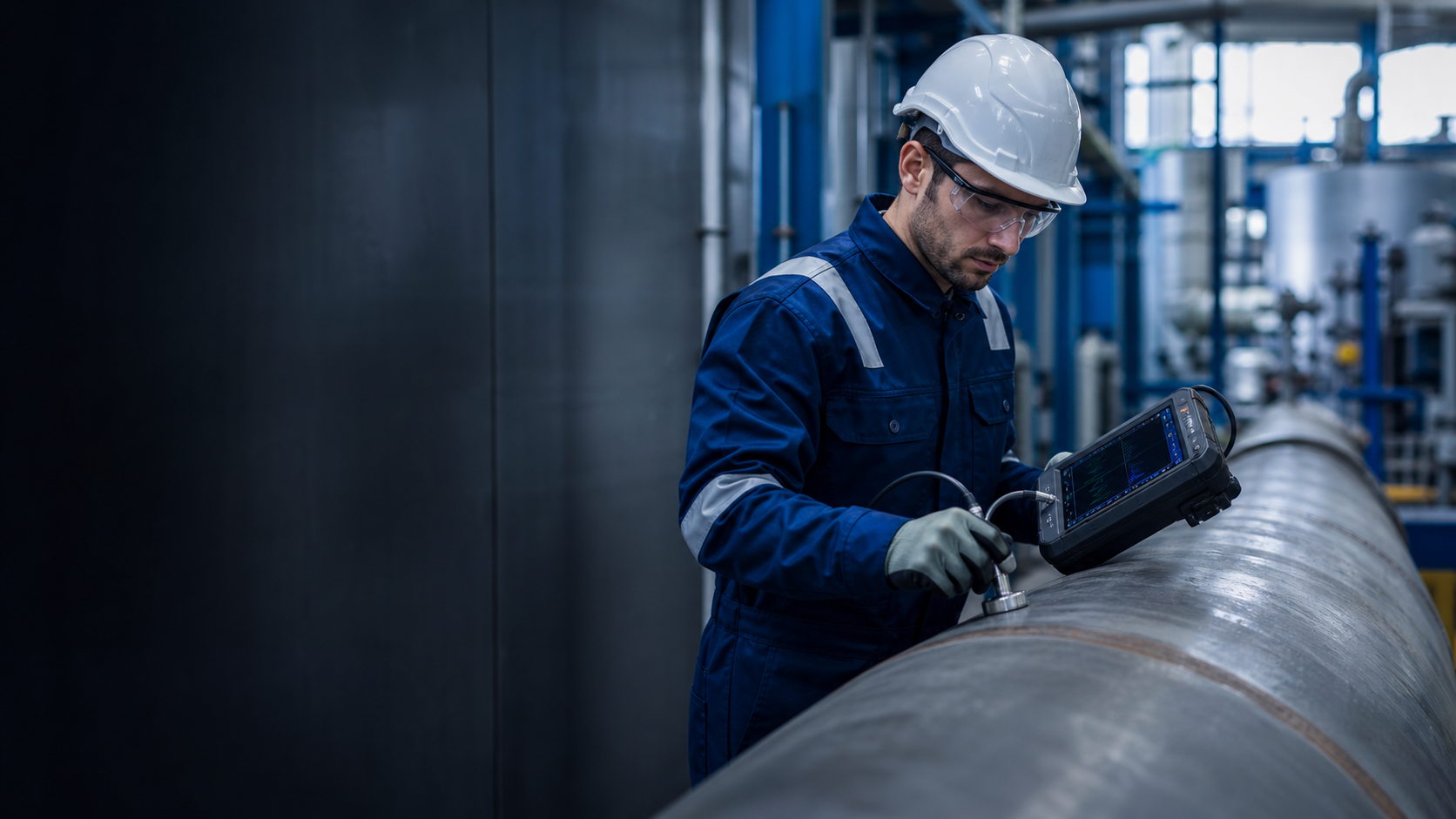 Technician performing ultrasonic testing on an industrial pipeline